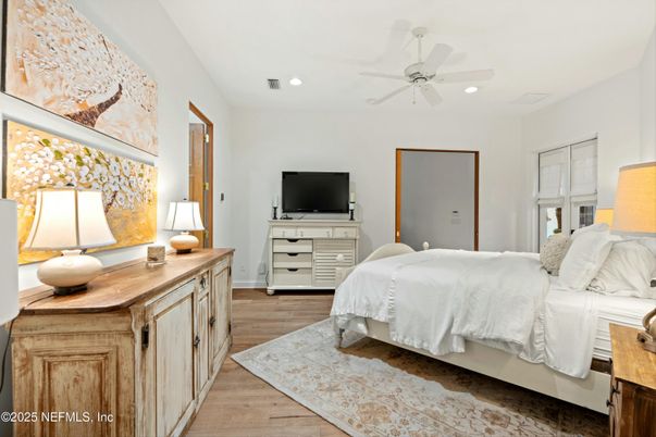 Bedroom, Interior, Recessed Lighting, Wood Texture Flooring