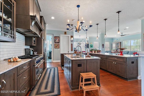 Chandelier, Interior, Kitchen, Pendant Lights, Recessed Lighting, Wood Texture Flooring