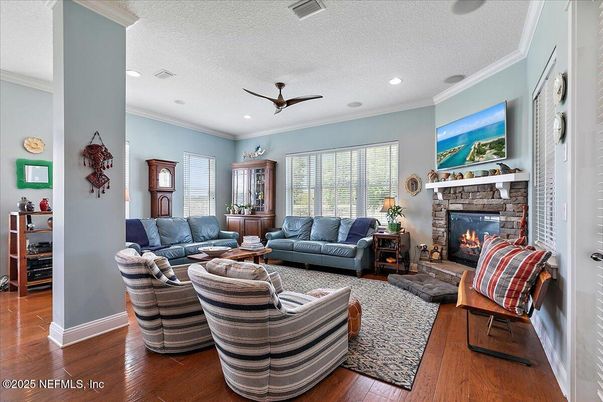 Fireplace, Interior, Living room, Recessed Lighting, Wood Texture Flooring