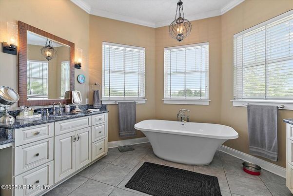 Bathroom, Dual Sink Vanities, Free Standing Baths, Interior, Pendant Lights