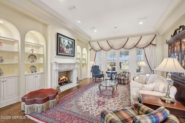 Fireplace, Interior, Living room, Recessed Lighting, Wood Texture Flooring