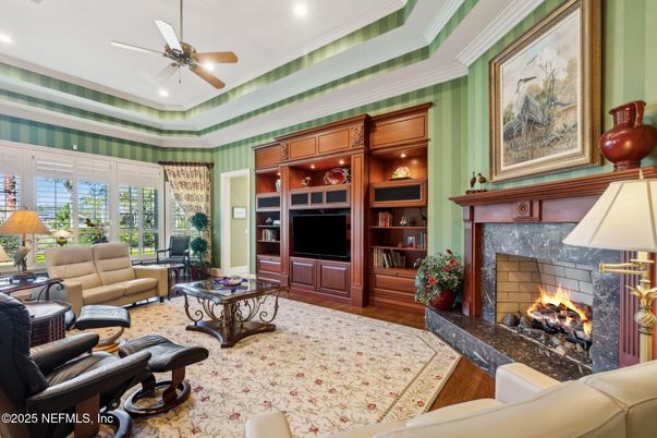 Fireplace, Interior, Living room, Recessed Lighting, Wood Texture Flooring