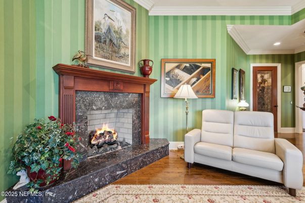 Fireplace, Interior, Recessed Lighting, Wood Texture Flooring