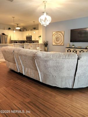 Chandelier, Interior, Kitchen, Living room, Pendant Lights, Stainless Steel Appliances, Wood Texture Flooring
