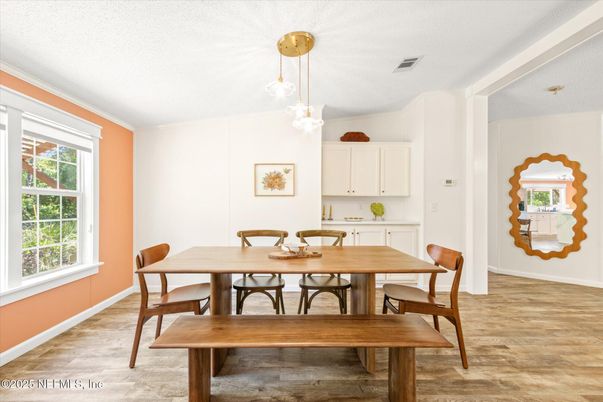 Dining room, Interior, Pendant Lights, Wood Texture Flooring