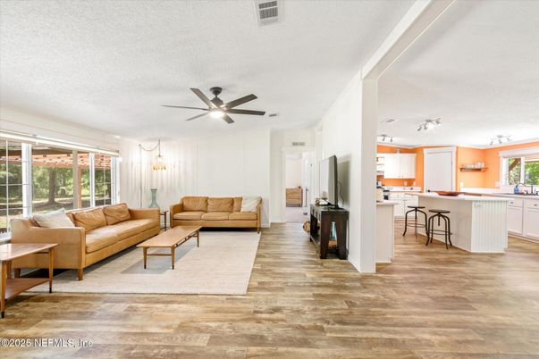 Interior, Kitchen, Living room, Pendant Lights, Wood Texture Flooring