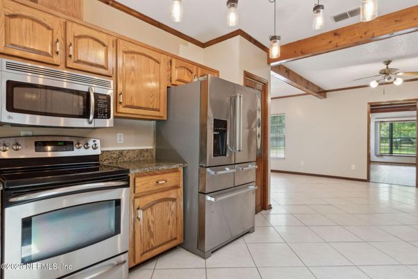 Interior, Kitchen, Pendant Lights, Stainless Steel Appliances, Wooden Beams