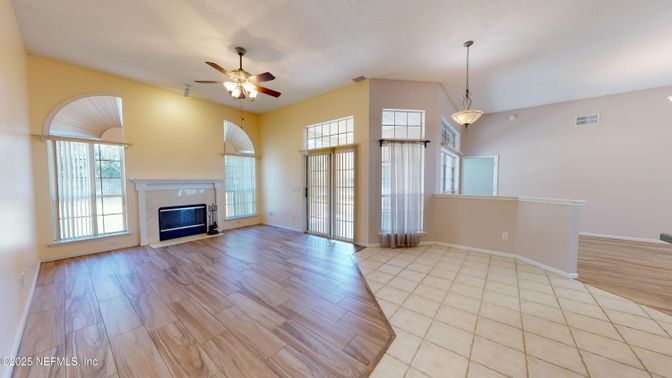 Empty room, Fireplace, Interior, Pendant Lights, Wood Texture Flooring