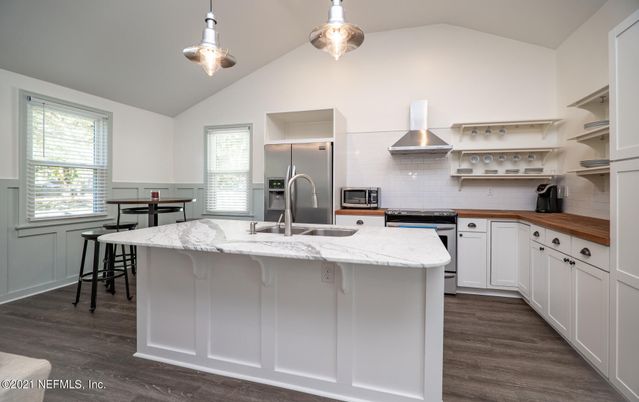 Interior, Kitchen, Pendant Lights, Stainless Steel Appliances, Wood Texture Flooring