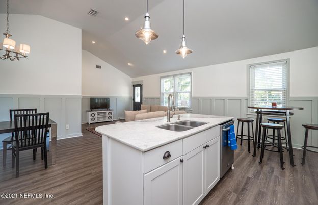 Interior, Kitchen, Pendant Lights, Recessed Lighting, Wood Texture Flooring