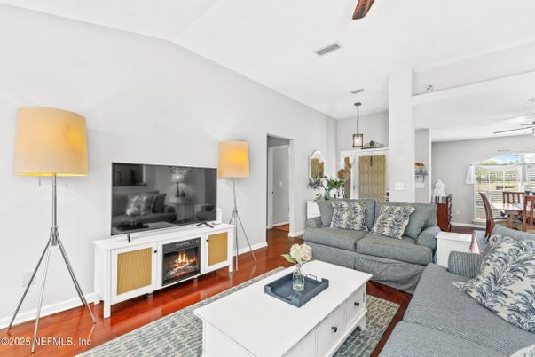 Dining room, Fireplace, Interior, Living room, Pendant Lights, Wood Texture Flooring