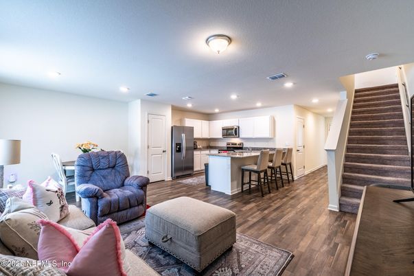 Dining room, Interior, Kitchen, Living room, Recessed Lighting, Stainless Steel Appliances, Wood Texture Flooring