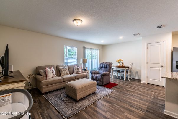 Dining room, Interior, Living room, Recessed Lighting, Wood Texture Flooring