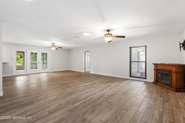 Empty room, Fireplace, Interior, Recessed Lighting, Wood Texture Flooring
