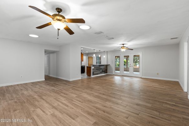 Empty room, Interior, Kitchen, Pendant Lights, Recessed Lighting, Wood Texture Flooring