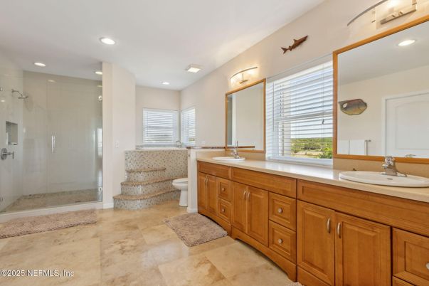 Bathroom, Dual Sink Vanities, Glass Shower, Interior, Recessed Lighting