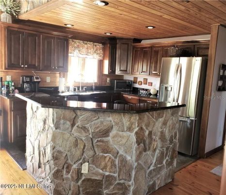 Interior, Kitchen, Recessed Lighting, Stone Walls, Wooden Ceilings, Wood Texture Flooring