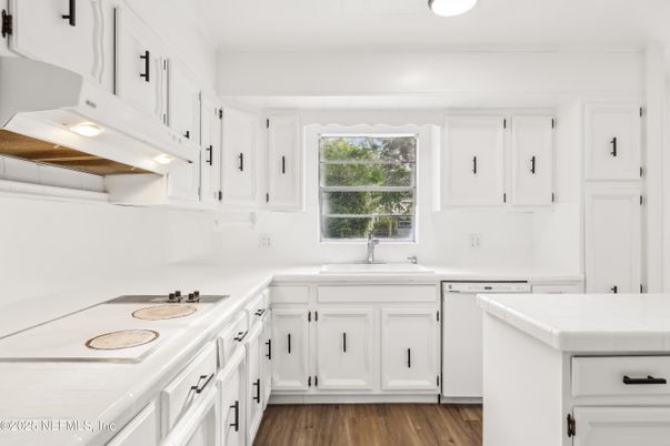 Interior, Kitchen, Tile Countertops, Wood Texture Flooring