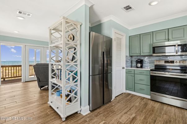Interior, Kitchen, Recessed Lighting, Stainless Steel Appliances, Water, Wood Texture Flooring