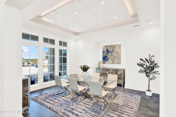Dining room, Interior, Recessed Lighting, Wood Texture Flooring