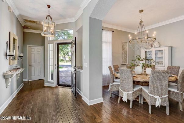 Chandelier, Dining room, Interior, Pendant Lights, Wood Texture Flooring