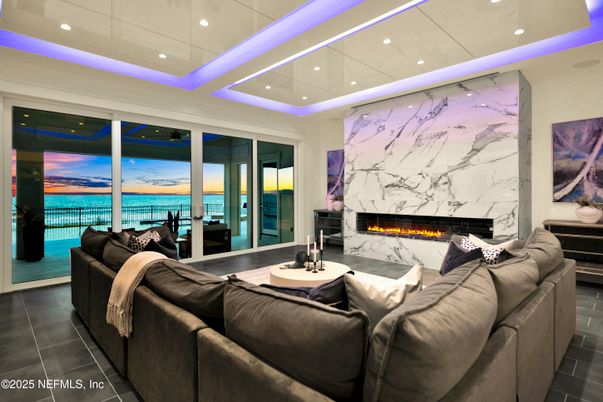 Fireplace, Interior, Living room, Marble Walls, Recessed Lighting, Water