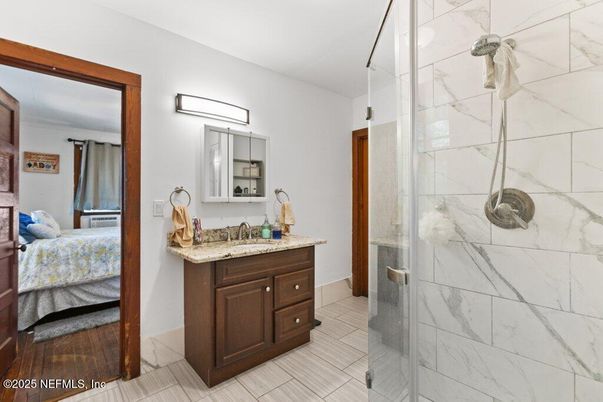 Bathroom, Bedroom, Glass Shower, Interior, Marble Walls, Wood Texture Flooring