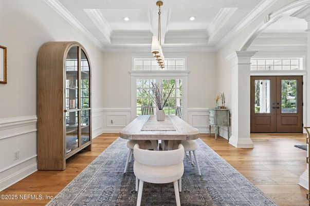 Dining room, Interior, Pendant Lights, Recessed Lighting, Wood Texture Flooring