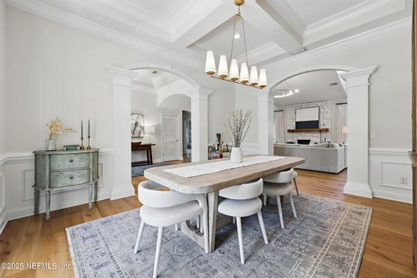 Dining room, Fireplace, Interior, Living room, Pendant Lights, Wood Texture Flooring