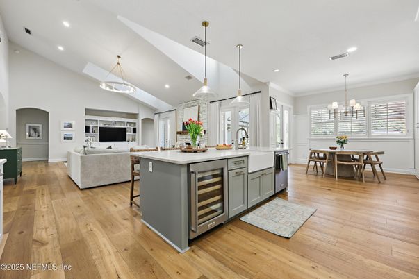 Chandelier, Dining room, Interior, Kitchen, Living room, Pendant Lights, Recessed Lighting, Wood Texture Flooring