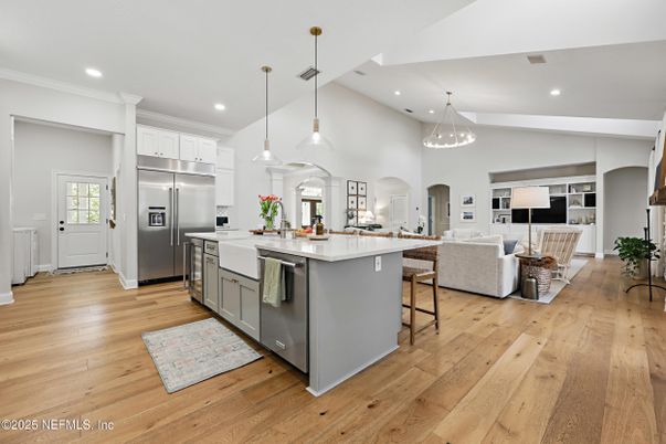 Dining room, Interior, Kitchen, Living room, Pendant Lights, Recessed Lighting, Stainless Steel Appliances, Wood Texture Flooring