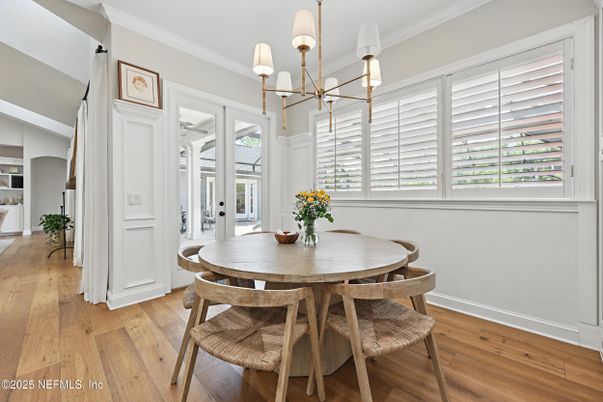 Dining room, Interior, Pendant Lights, Wood Texture Flooring