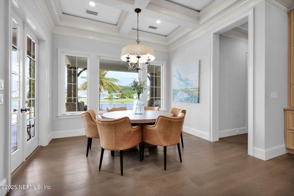 Chandelier, Dining room, Interior, Recessed Lighting, Wood Texture Flooring