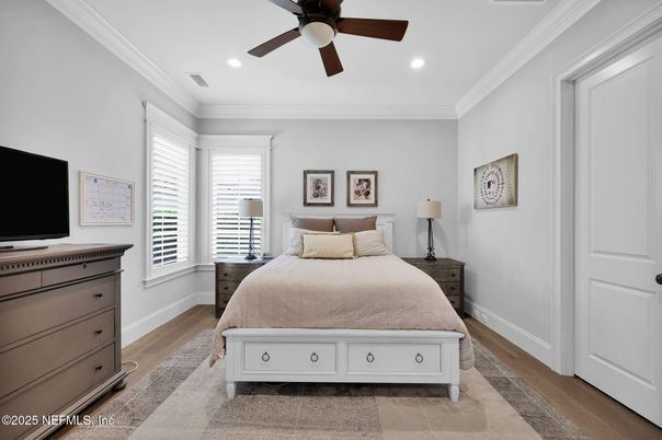 Bedroom, Interior, Recessed Lighting, Wood Texture Flooring