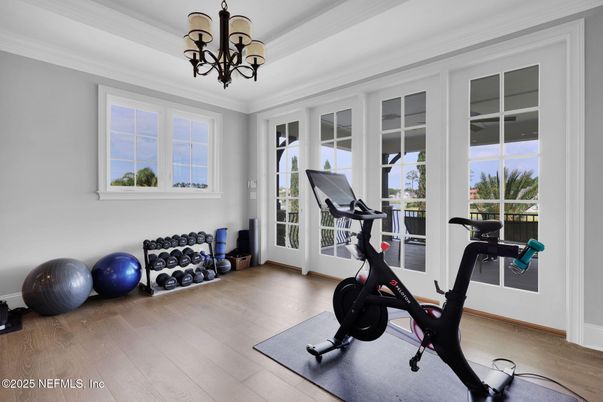 Chandelier, Fitness Equipment, Interior, Wood Texture Flooring