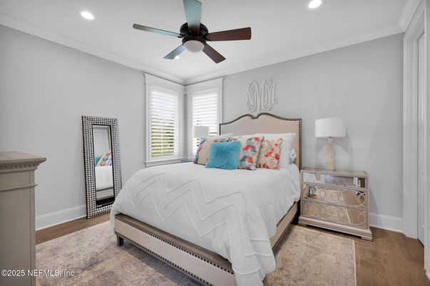 Bedroom, Interior, Recessed Lighting, Wood Texture Flooring
