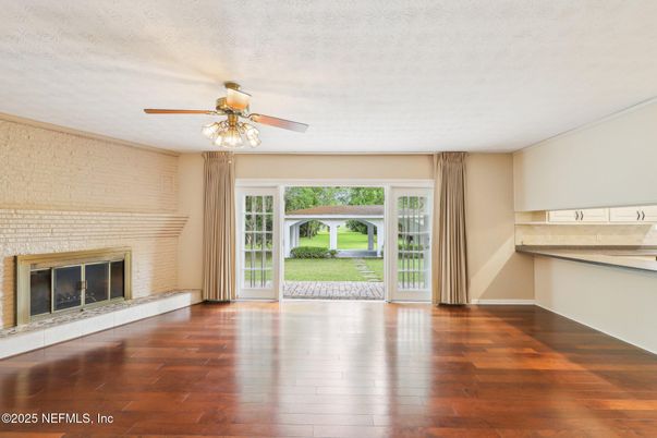 Empty room, Fireplace, Interior, Stone Walls, Wood Texture Flooring