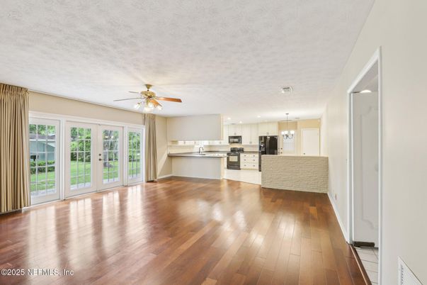 Empty room, Interior, Kitchen, Pendant Lights, Recessed Lighting, Wood Texture Flooring