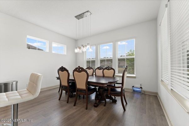 Dining room, Interior, Pendant Lights, Wood Texture Flooring