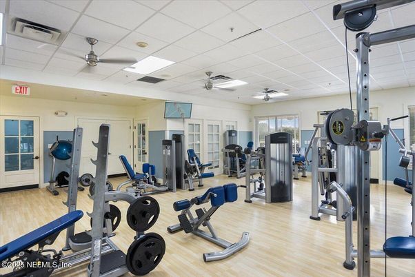 Fitness Equipment, Gym, Interior, Recessed Lighting, Wood Texture Flooring