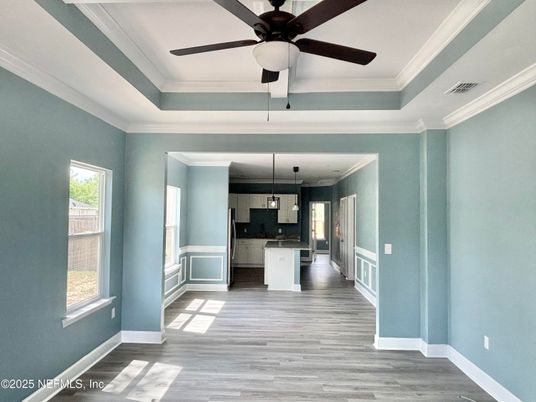 Empty room, Interior, Kitchen, Pendant Lights, Wood Texture Flooring
