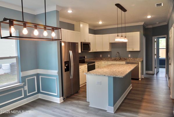 Interior, Kitchen, Pendant Lights, Recessed Lighting, Stainless Steel Appliances, Wood Texture Flooring
