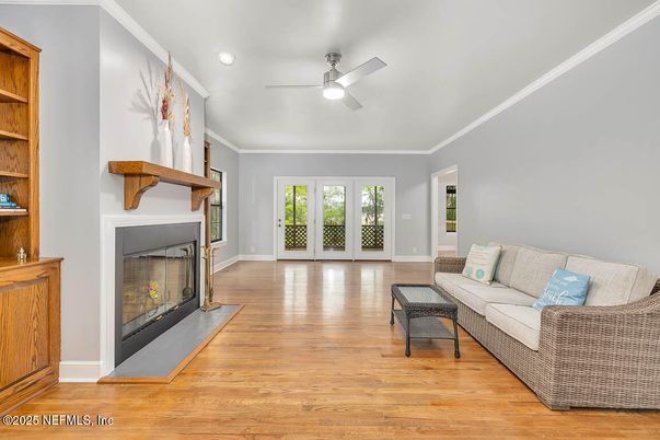 Fireplace, Interior, Living room, Recessed Lighting, Wood Texture Flooring