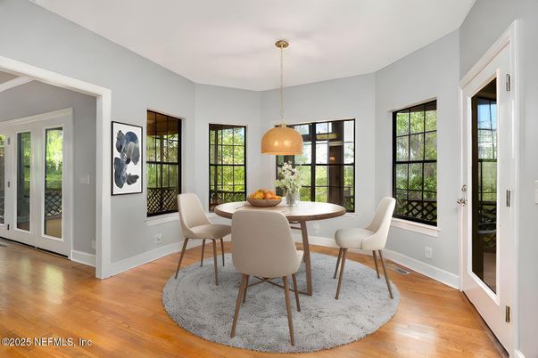 Dining room, Interior, Pendant Lights, Wood Texture Flooring