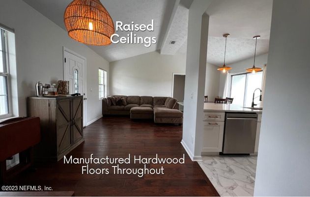 Dining room, Interior, Kitchen, Living room, Marble, Pendant Lights, Wood Texture Flooring