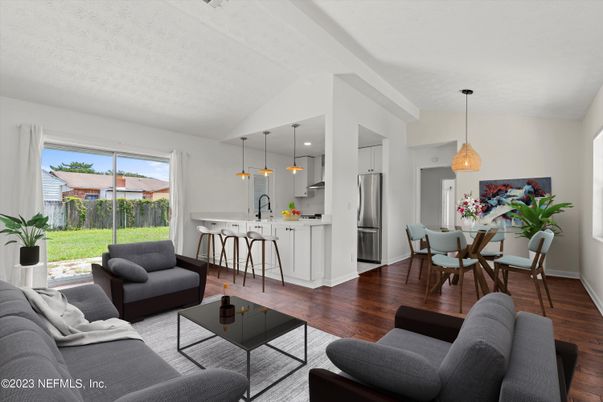 Dining room, Interior, Kitchen, Living room, Pendant Lights, Recessed Lighting, Stainless Steel Appliances, Wood Texture Flooring