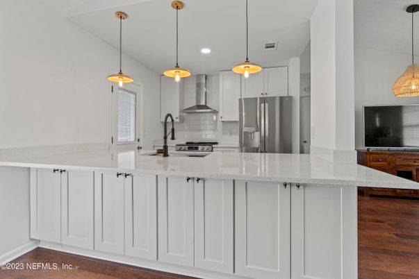 Interior, Kitchen, Pendant Lights, Recessed Lighting, Stainless Steel Appliances, Wood Texture Flooring