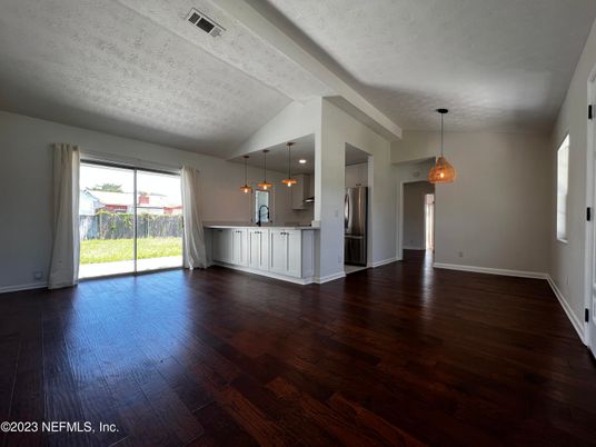 Empty room, Interior, Kitchen, Pendant Lights, Wood Texture Flooring