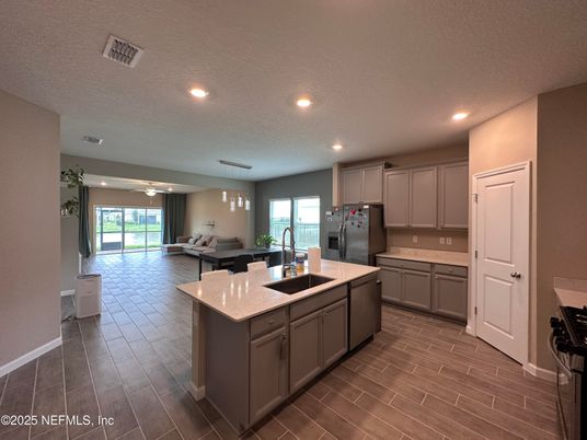 Interior, Kitchen, Pendant Lights, Recessed Lighting, Wood Texture Flooring