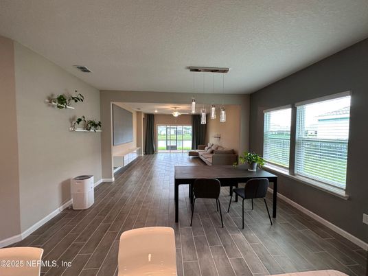 Dining room, Interior, Pendant Lights, Wood Texture Flooring